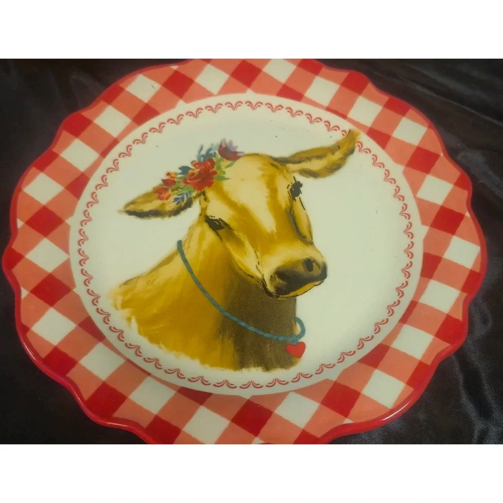 The Pioneer Woman Gingham Cow Stoneware 3pc Set 2 Salad Plates 1 Bowl Red White